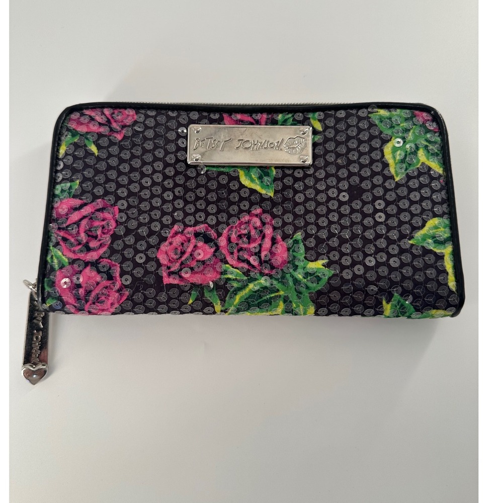 Betsey Johnson Floral Sequin Zip Around Wallet Pink Rose Black Graffiti Lining